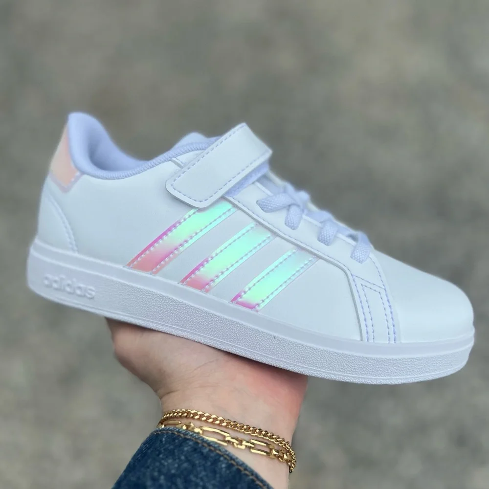 851 | Adidas Grand Court Kids Girls White Sneakers with Iridescent Stripes - Picture 8 of 10